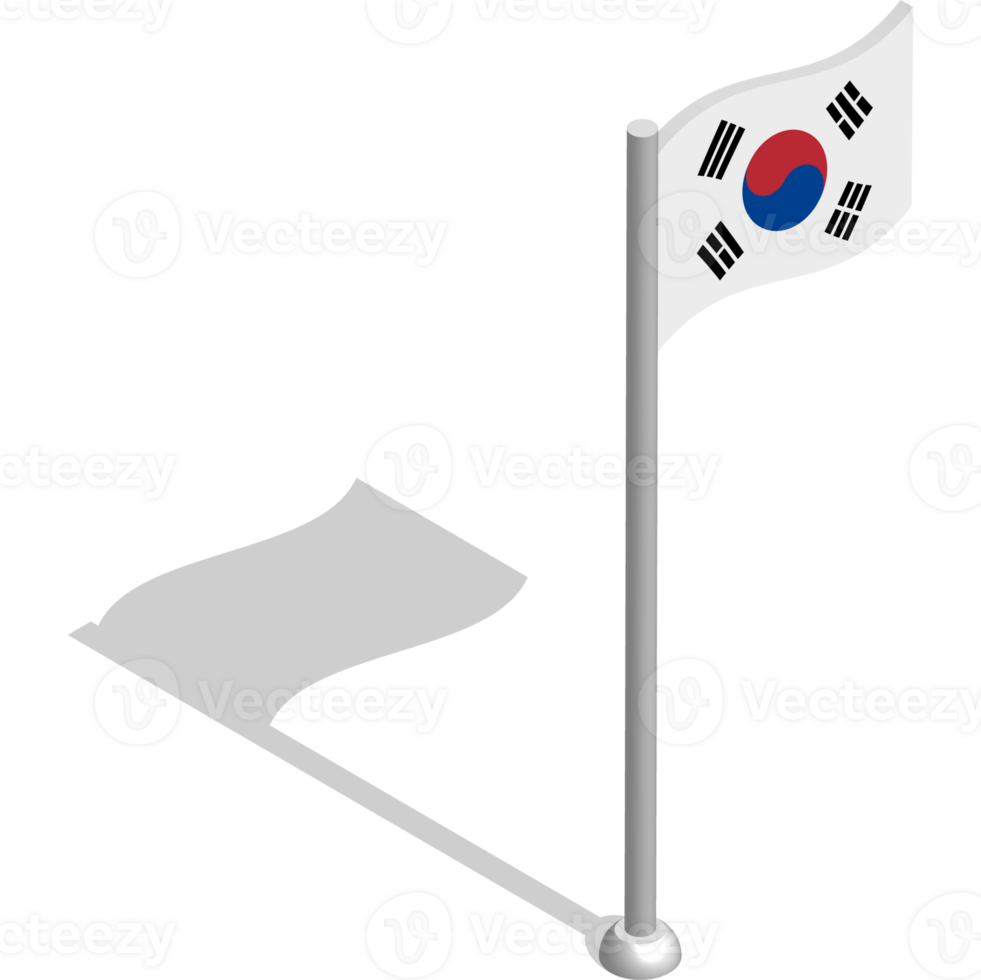 Isometric flag of SOUTH KOREA in motion on flagpole. National banner flutters in wind. PNG image on transparent background