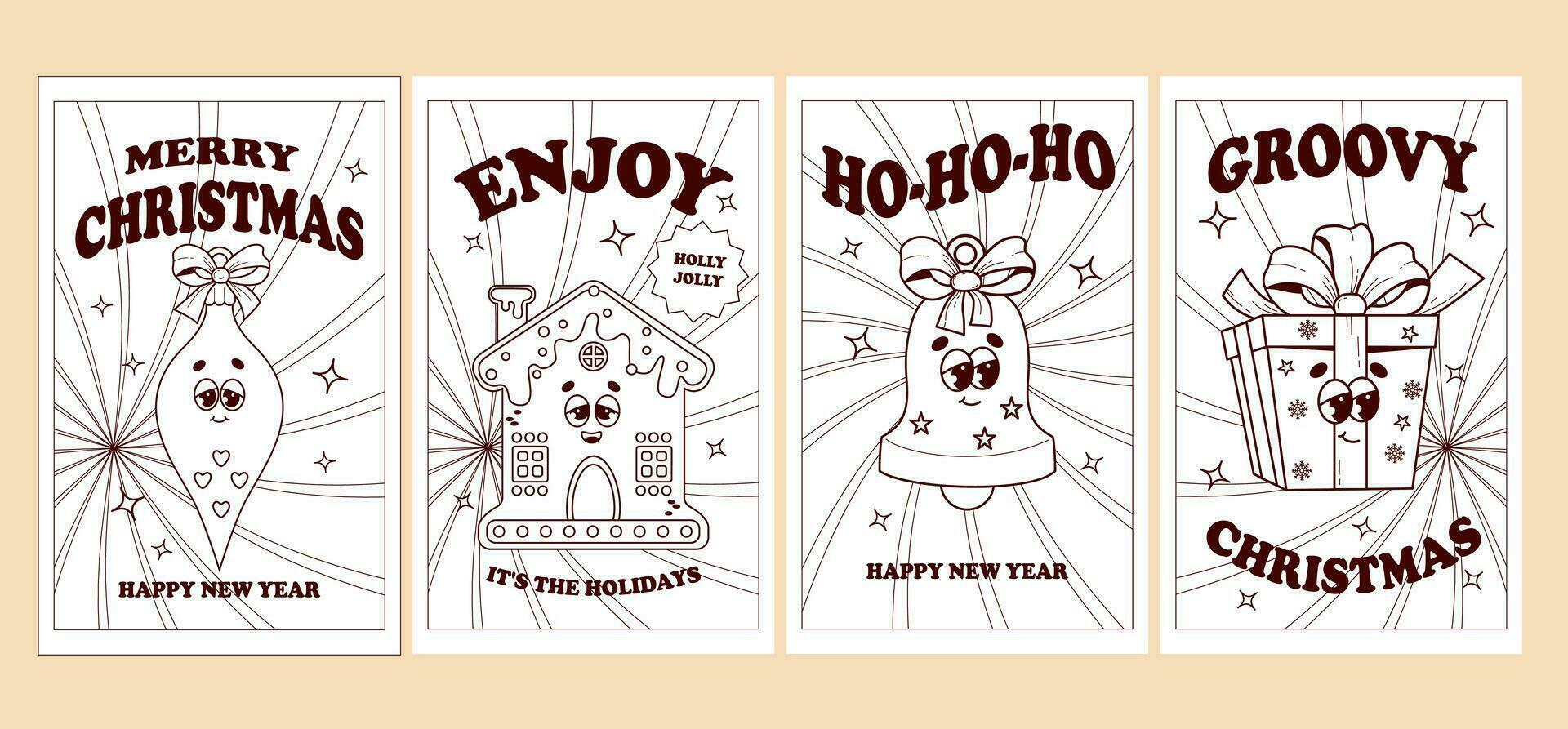 Christmas groovy posters. Retro cartoon characters gingerbread house, tree toys and gift. Vibes 70s. Merry Christmas and Happy New year. Greeting cards outline linear drawing. Kids collection. vector