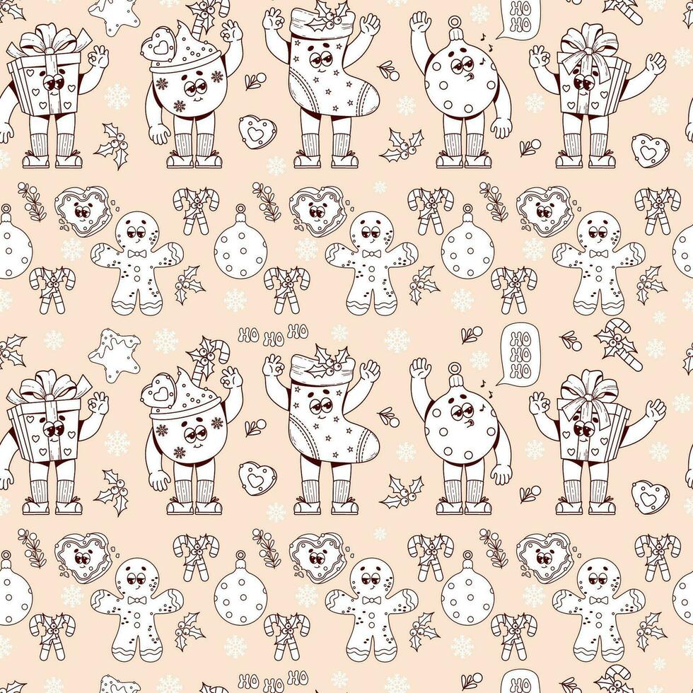 Groovy Hippie Retro Christmas festive seamless pattern with cartoon characters gifts, sock, gingerbread, Xmas ball. outline linear drawing. Merry Christmas and Happy New year background. vector