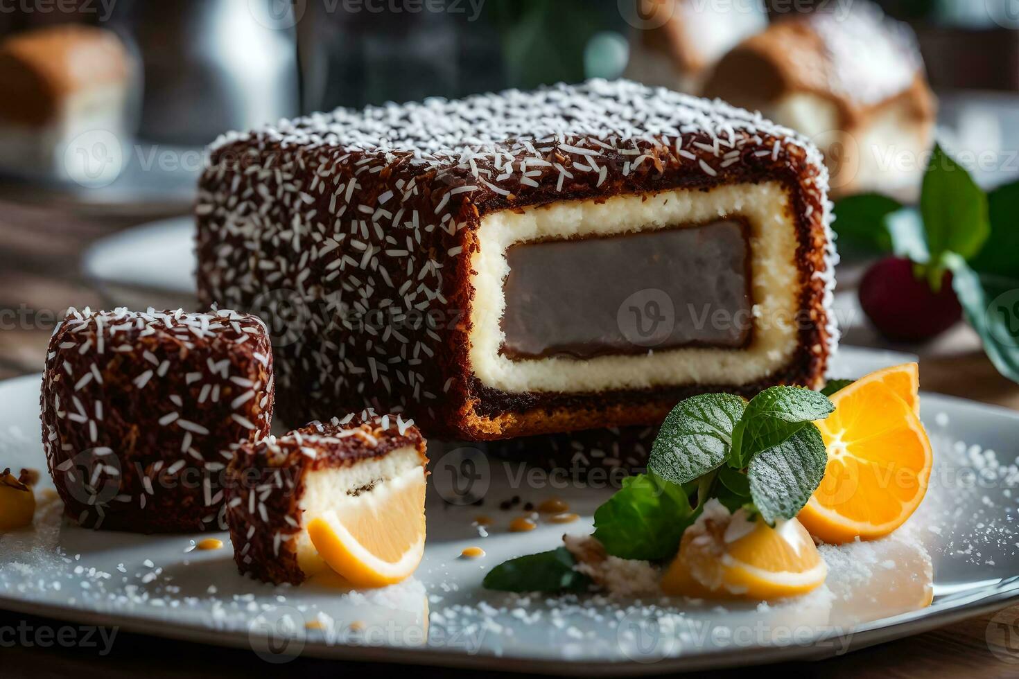 The main focus of this picture is the lamingtons, which are in the foreground Behind them, you can see a very nice restaurant AI Generated photo
