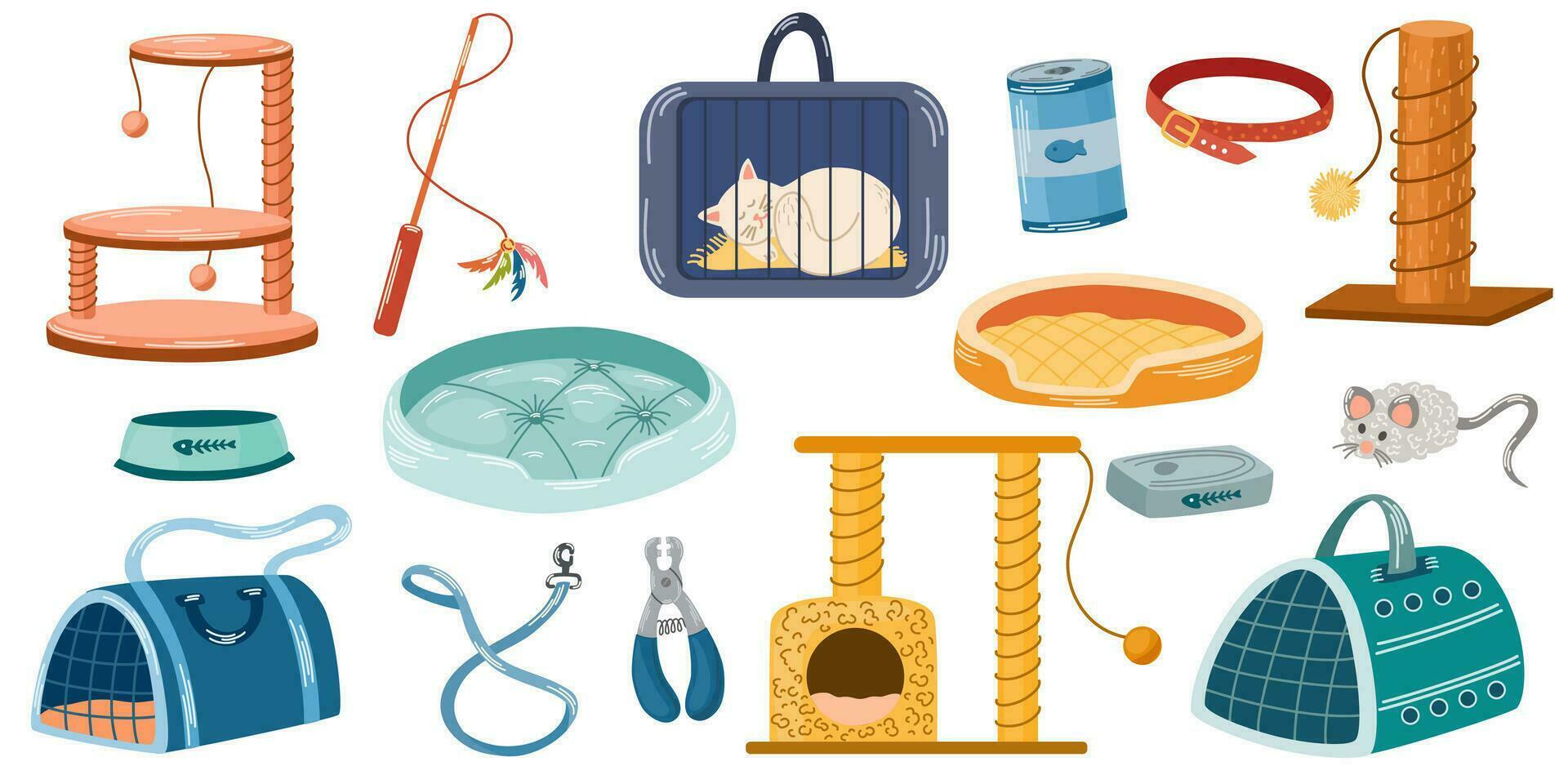 Pet shop assortment, animal accessories. Set of store supply items for domestic cats, beds, animal food, toys, transportation, collars and feed. Vector hand draw illustration.