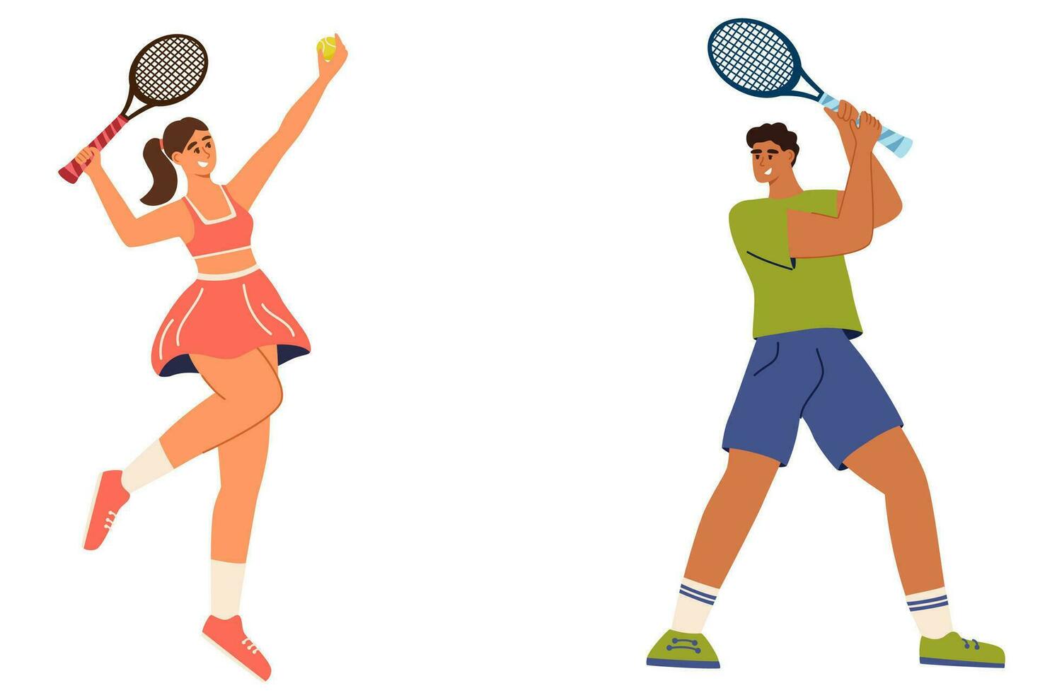 People play tennis. Men, women sportive characters in sportsman uniform play tennis, players holding rackets and hitting ball. Flat vector illustration isolated on white background