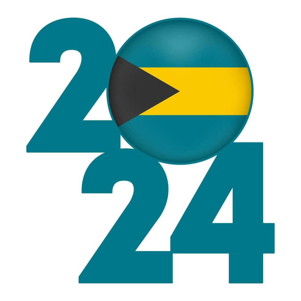 Happy New Year 2024 banner with Bahamas flag inside. Vector illustration.