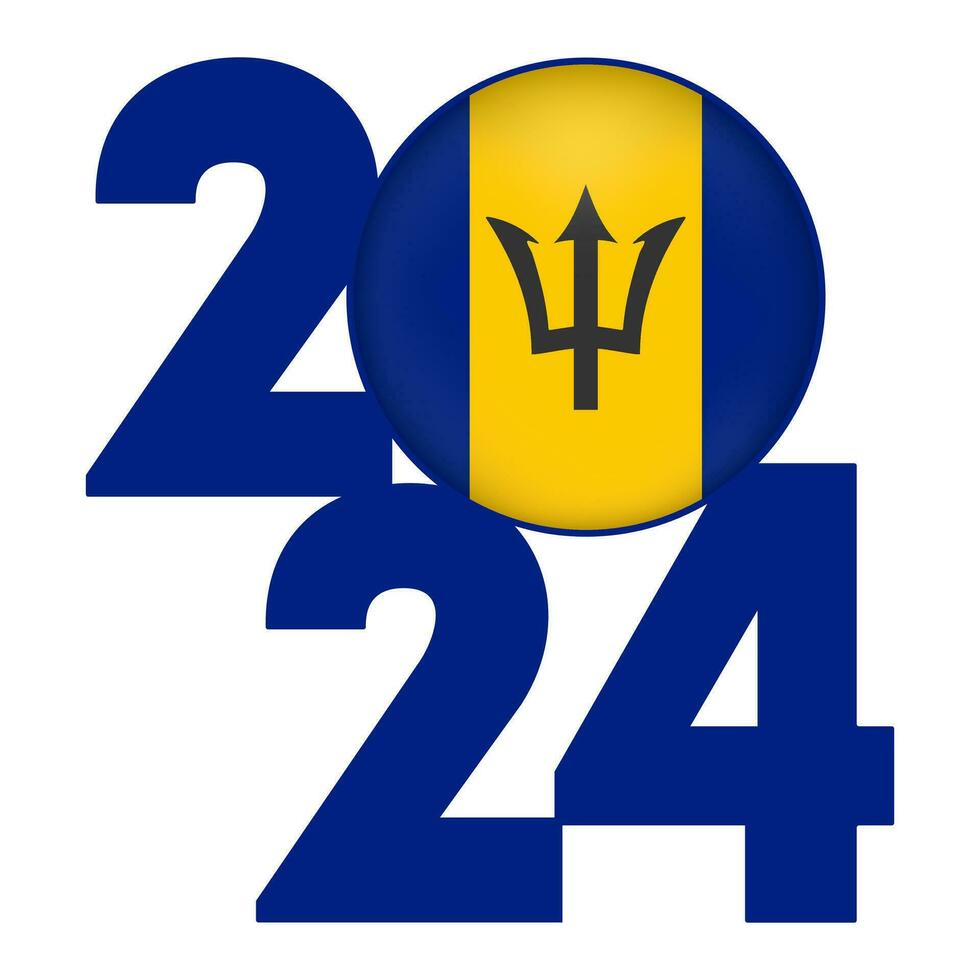 Happy New Year 2024 banner with Barbados flag inside. Vector illustration.