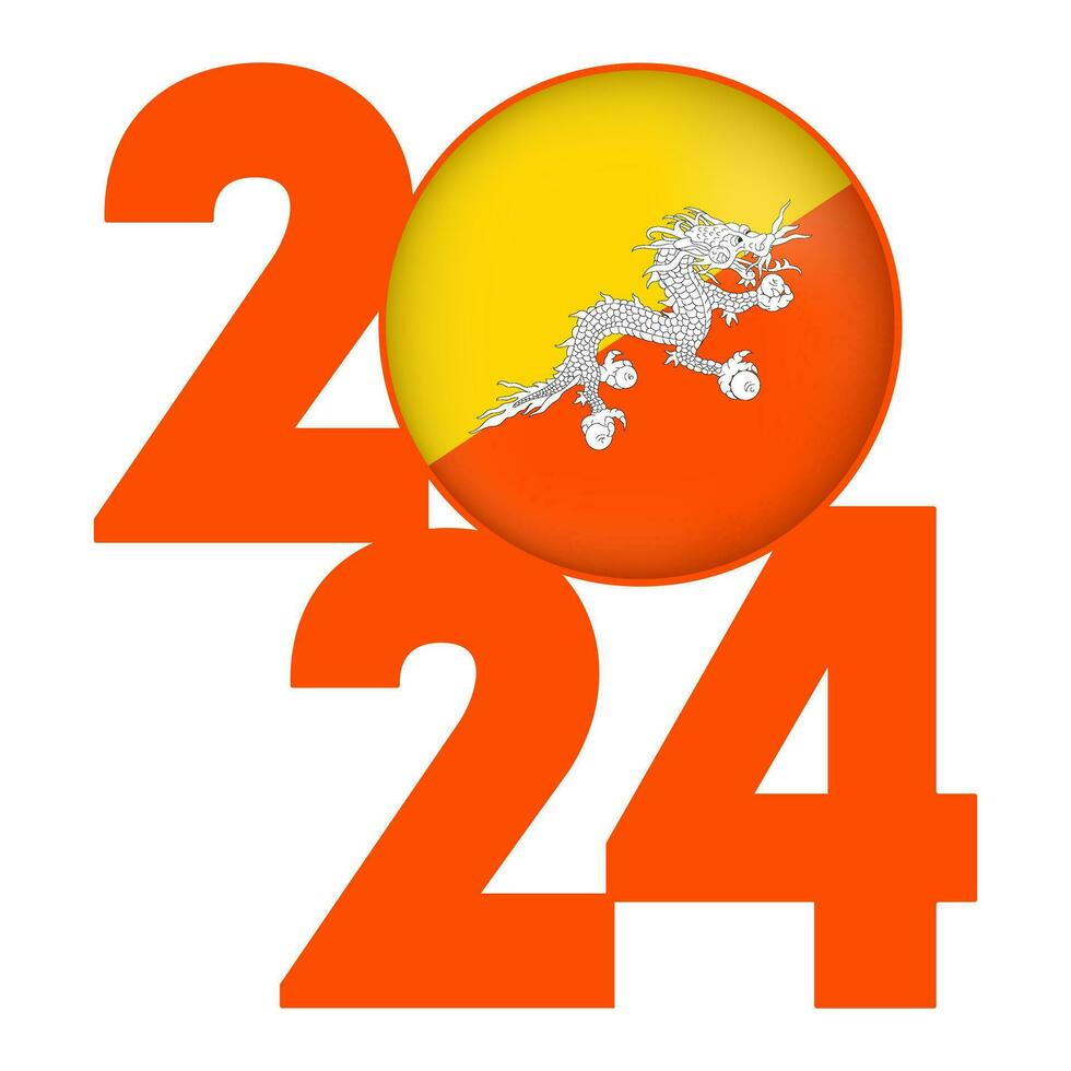 Happy New Year 2024 banner with Bhutan flag inside. Vector illustration.