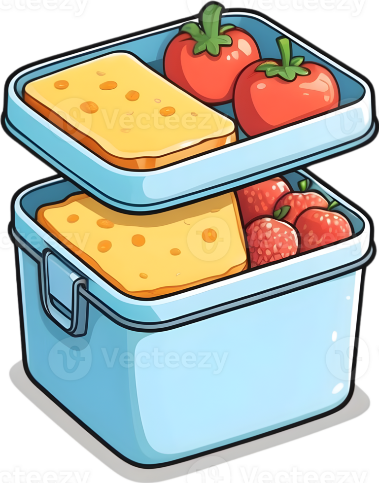 a lunch box with food and fruit on it ai generative png