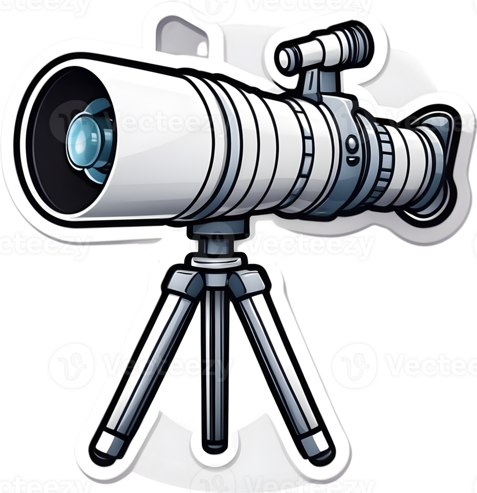 a camera with a tripod on it, with a sticker telescope ai generative png