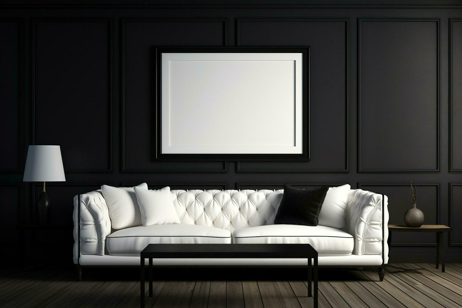 Modern white leather sofa with legs and cushions in a minimalist living room with black walls, a loft table and a white lamp. Modern living room interior. Generated by artificial intelligence photo