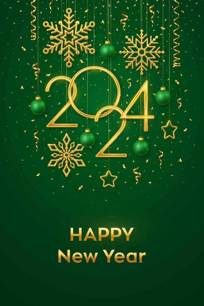 Happy New 2024 Year. Hanging Golden metallic numbers 2024 with shining snowflakes, 3D metallic stars, balls and confetti on green background. New Year greeting card or banner template. Vector. vector