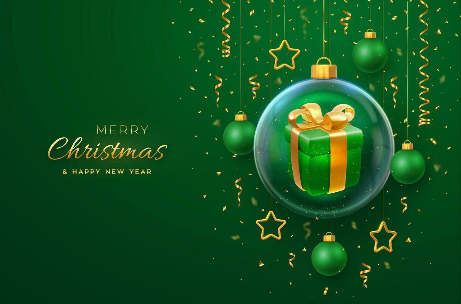 Merry christmas greeting card or banner. Hanging transparent glass balls baubles with gift boxes inside, pine branches on green background, golden confetti. New Year Xmas design. Vector illustration.