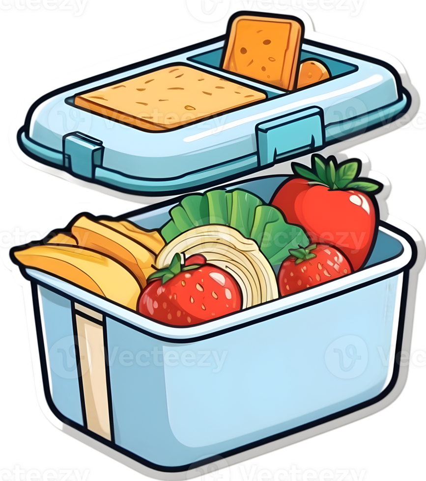 a lunch box with food and fruit on it ai generative png
