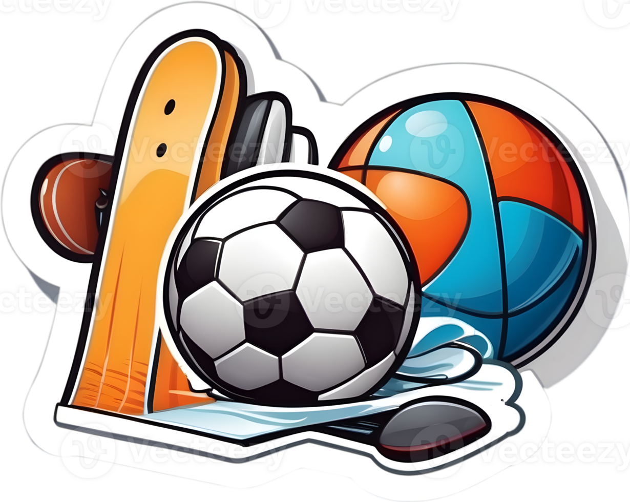 a sticker with a soccer ball, skateboard and other items badge ai generative png