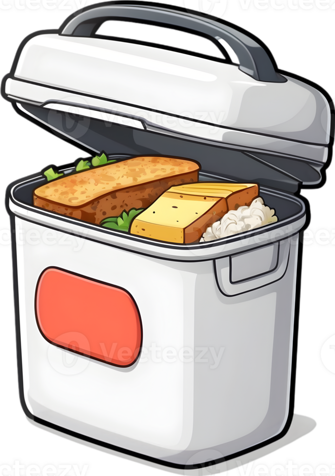 a lunch box with food and fruit on it ai generative png