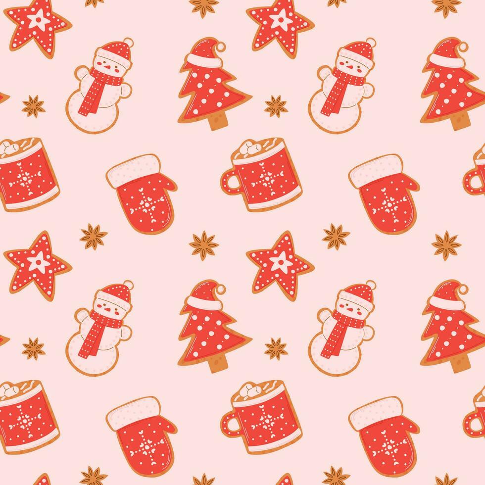 Seamless pattern with festive gingerbread cookies of different shapes vector