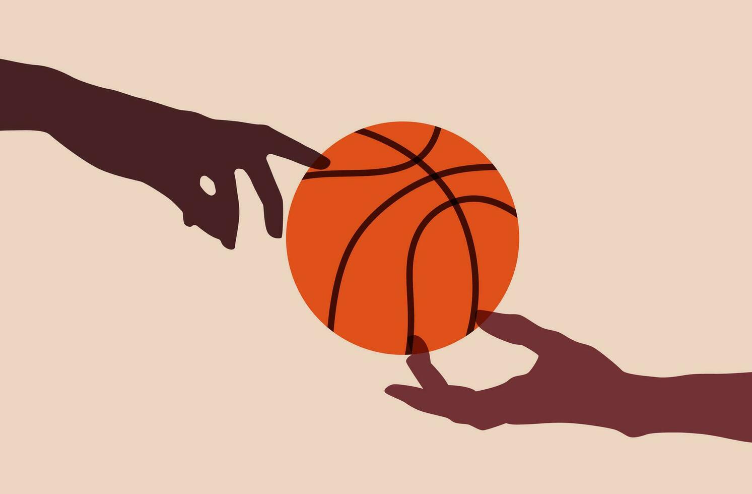 Hands reaching for Basketball ball colorful flat objects. Cartoon illustration. Sport, team play concept. Vector flat modern illustration isolated.