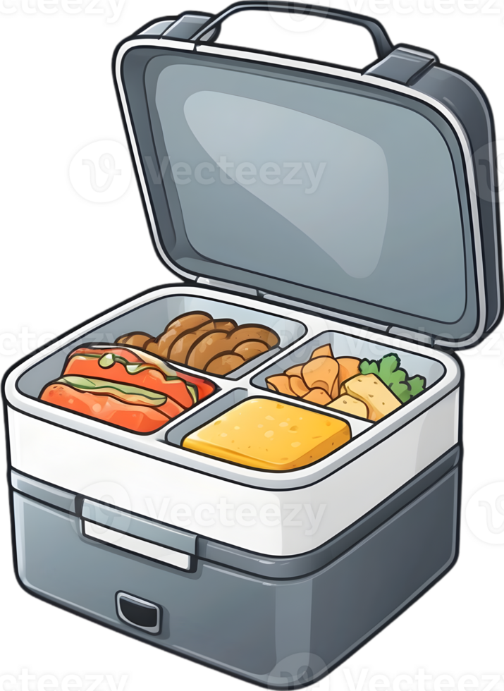 a lunch box with food and fruit on it ai generative png