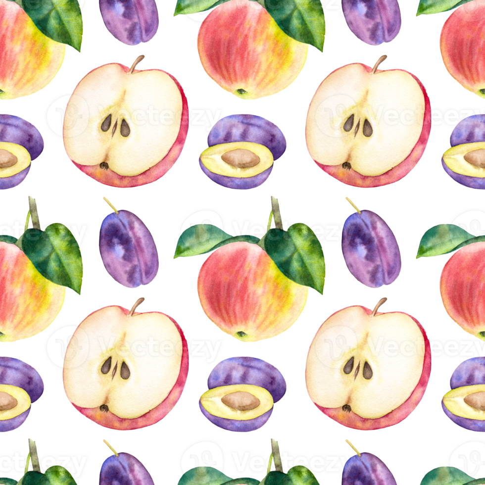 Seamless watercolor fruit pattern with apples and plums on the transparent background. png