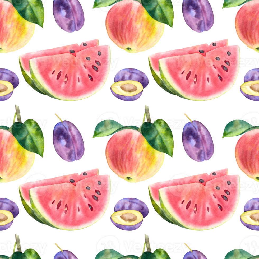 Seamless watercolor fruit pattern with a watermelon, plums and an apple. png