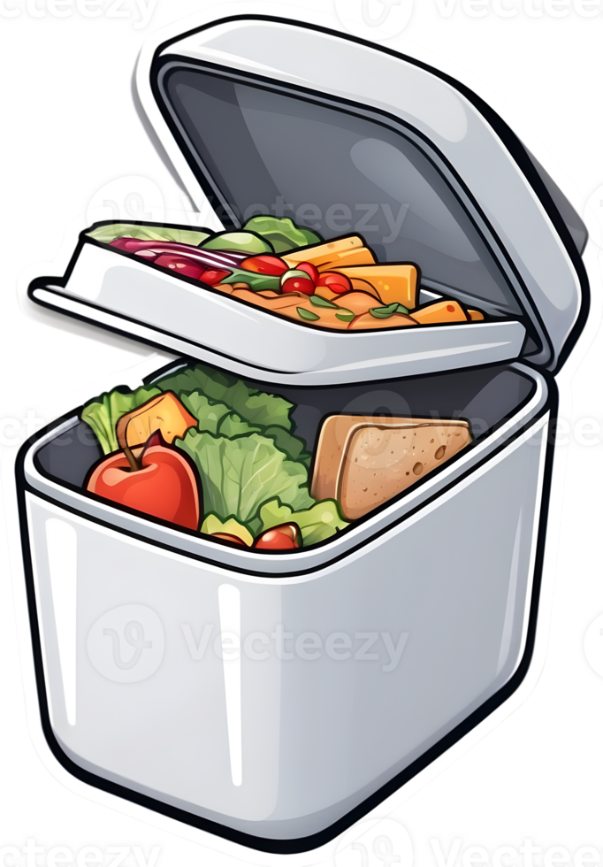 a lunch box with food and fruit on it ai generative png