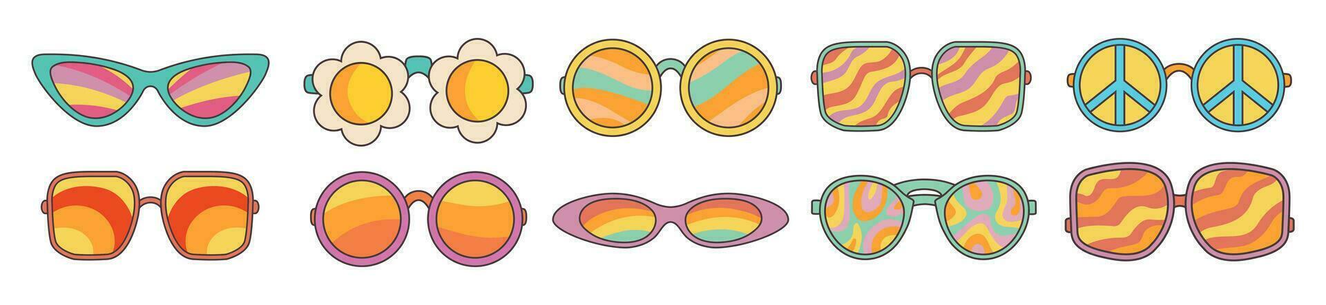 Groovy sunglasses set in retro hippie style. Cartoon psychedelic elements. vector