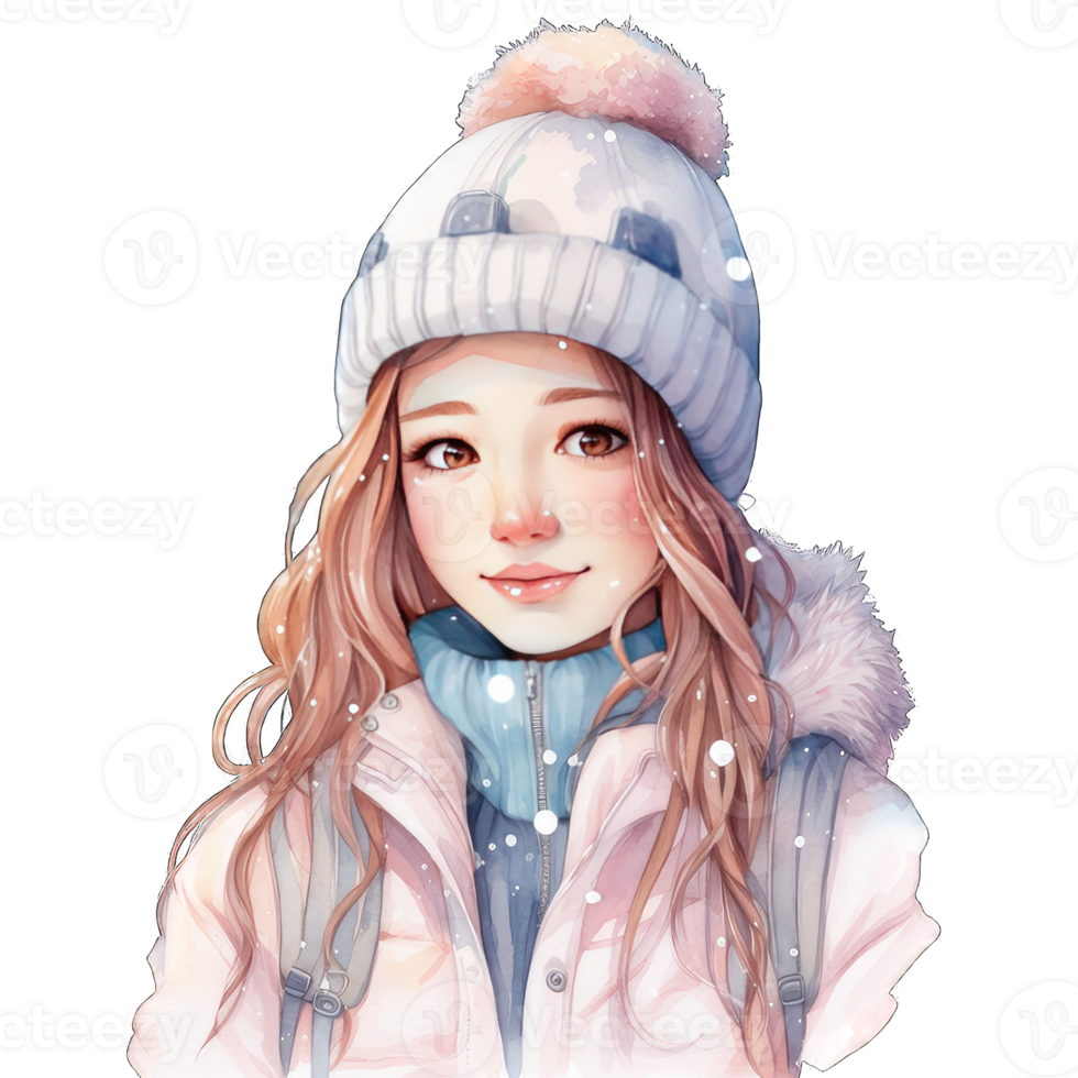 Snow sport girl, portrait woman dressed in winter sport suit, Watercolor , ai generated png