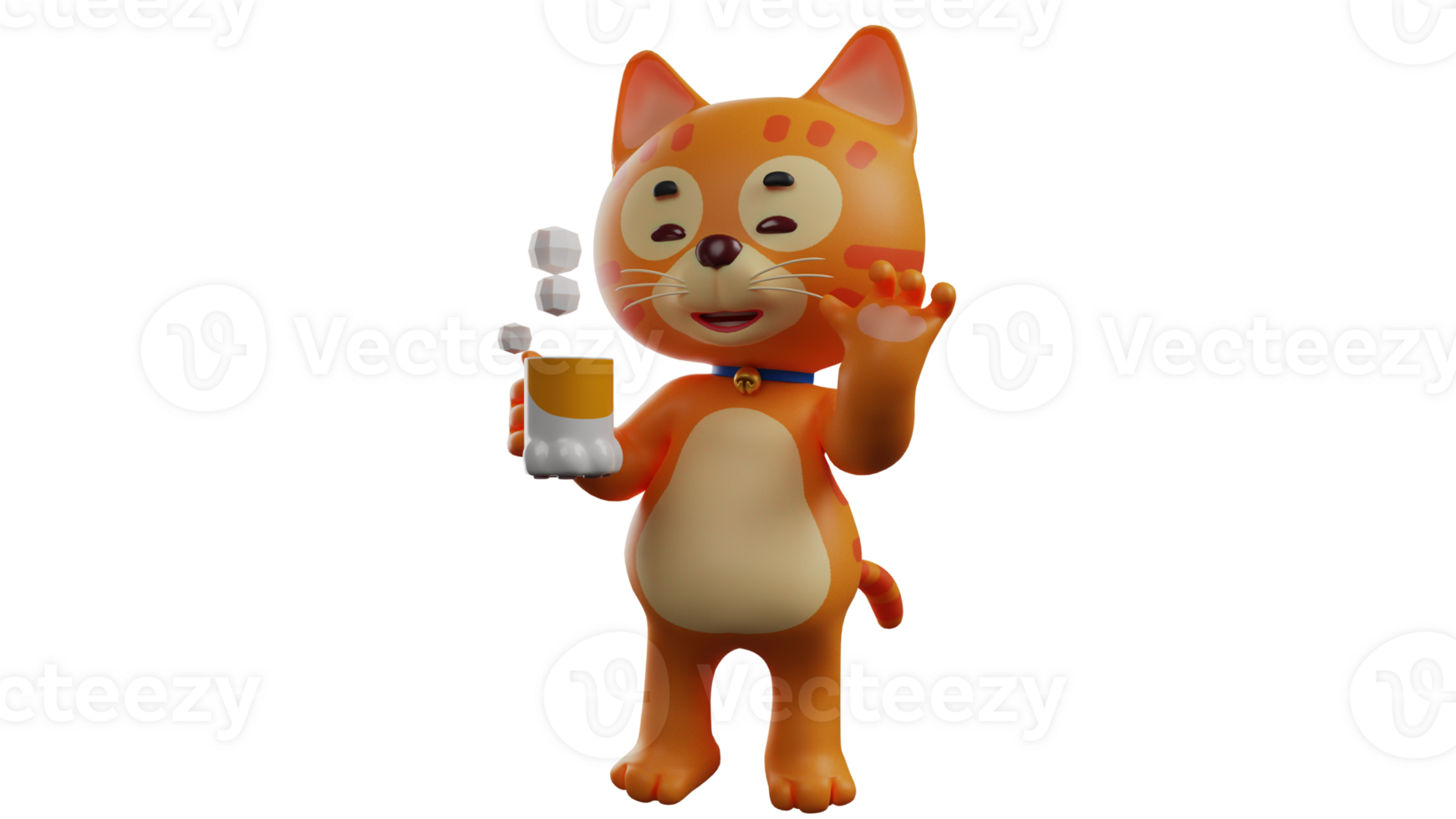 3D illustration. Cute Orange Cat 3D Cartoon Character. Adorable orange cat shows a cute pose. Cat smiling while holding a glass of hot drink. 3D cartoon character png