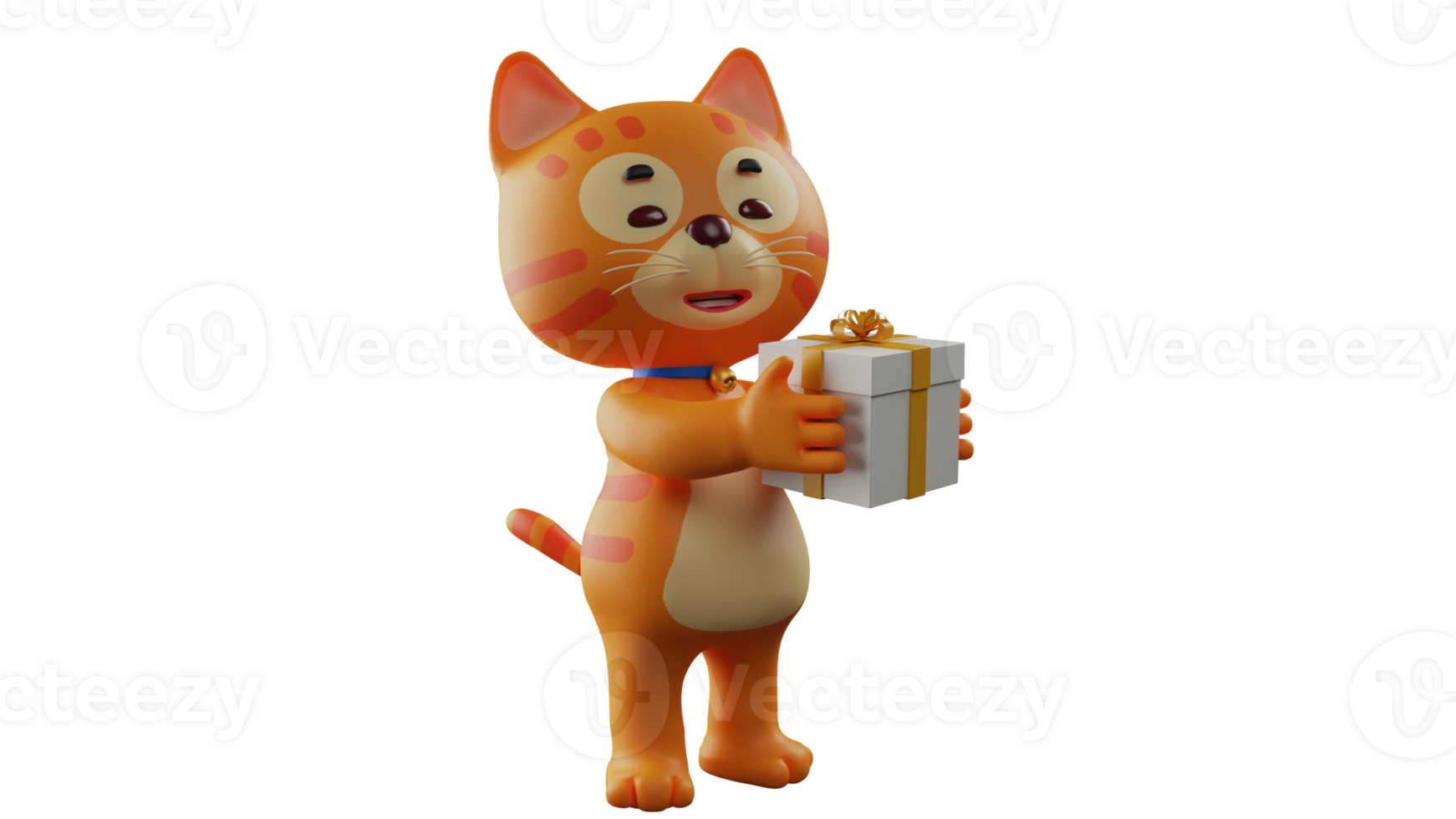 3D illustration. Romantic Cat 3D Cartoon Character. Cute Orange cat standing while carrying a gift box. Cute cat smiles sweetly and looks adorable. 3D cartoon character png