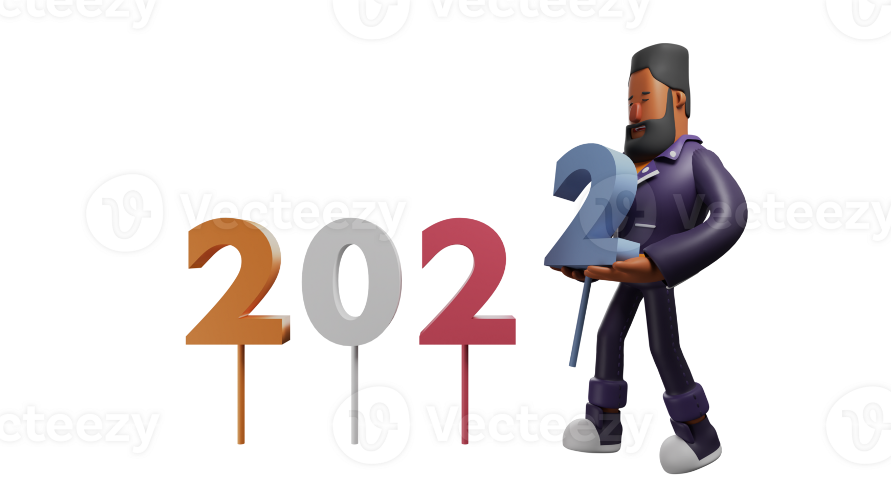3D illustration. Diligent Bearded Man 3D Cartoon Character. Kind man is arranging the numbers 2022 for new year celebration decoration. A cool guy who can't wait to throw a party. 3D cartoon character png