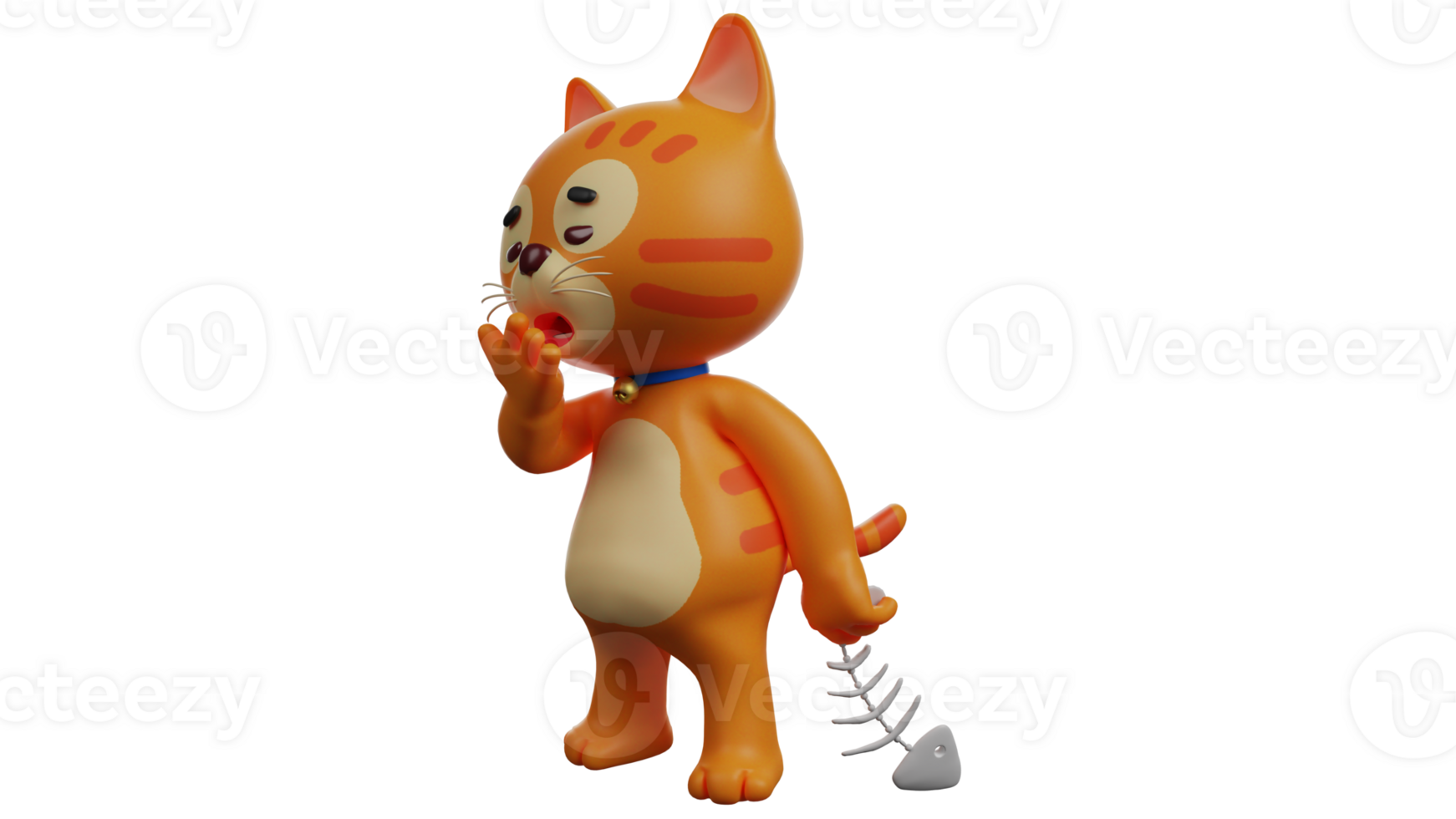 3D illustration. Sleepy Orange Cat 3D Cartoon Character. Orange Cat walks while pulling fish bones. Adorable cat covering its mouth while yawning. Sleepy orange cat. 3D cartoon character png