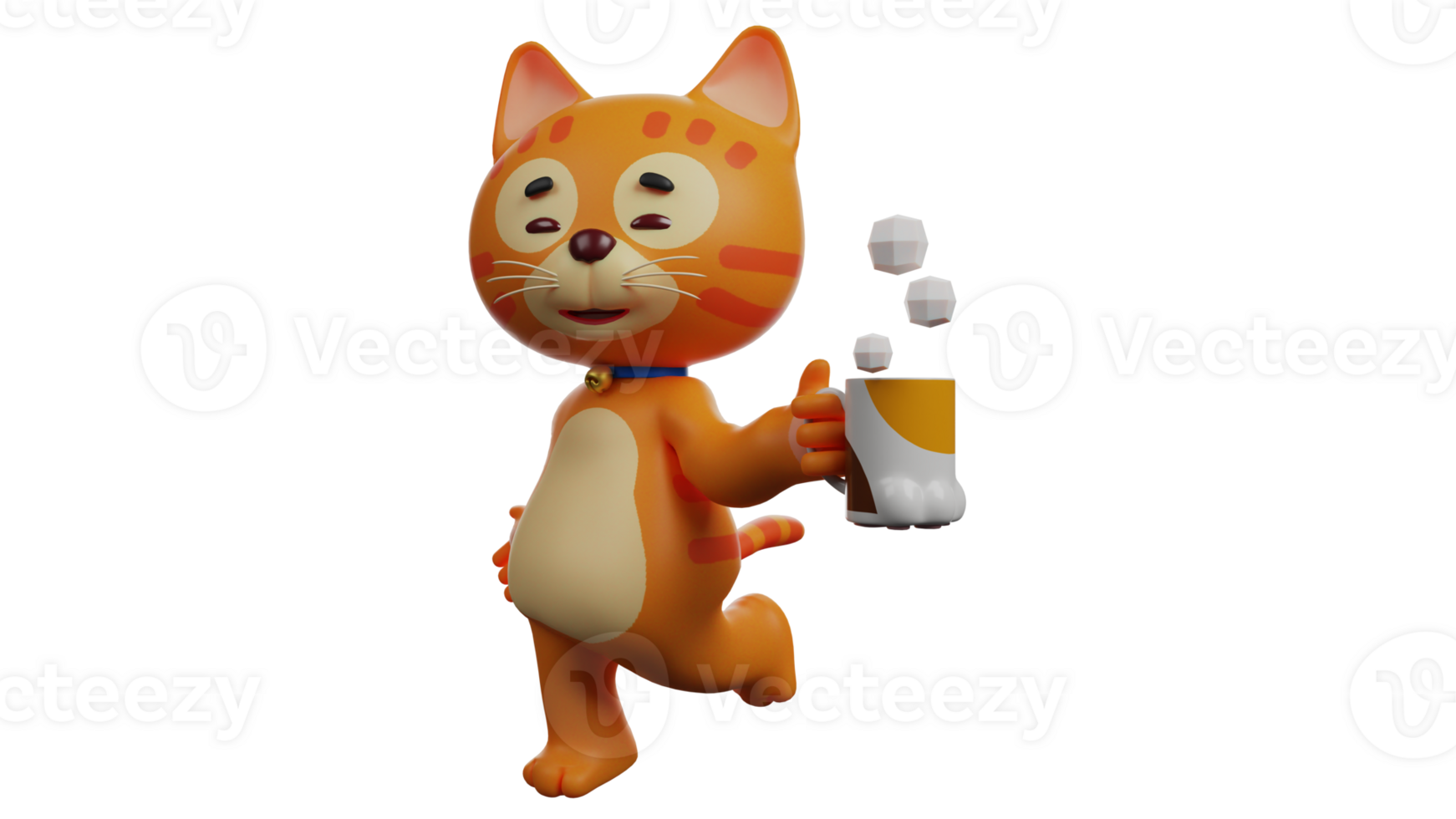 3D illustration. Thirsty Cat 3D Cartoon Character. Orange cat in walking pose. The cat walks while carrying a glass of warm drink. Cute cat looks excited. 3D cartoon character png