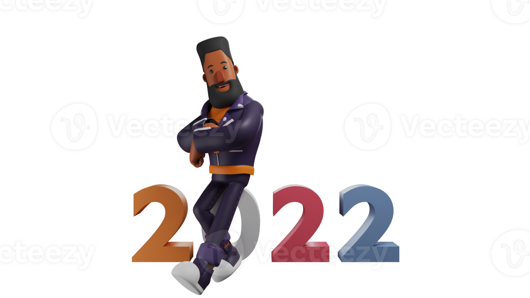 3D illustration. Cool Bearded Man 3D Cartoon Character. A bearded man stands while leaning on the number 2022. The bearded man crosses his arms and shows a charming smile. 3D cartoon character png