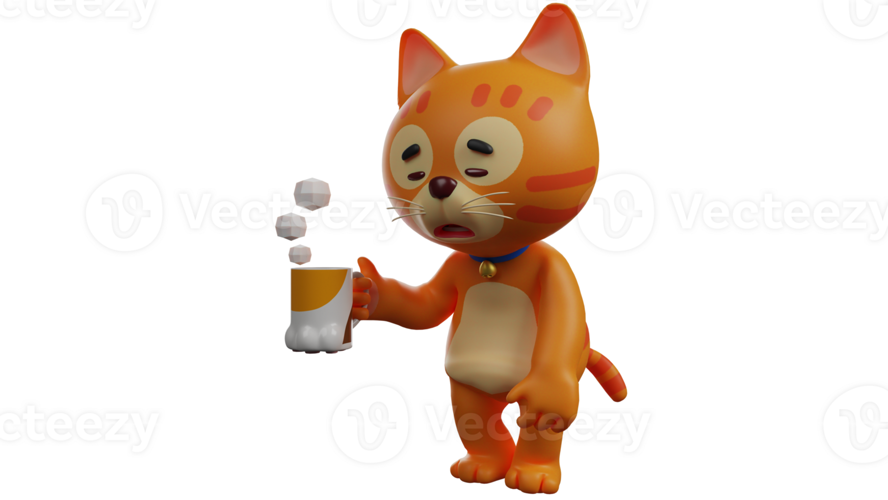 3D illustration. Orange Cat 3D Cartoon Character. Tired orange cat standing while holding a glass of warm drink. The orange cat showed an exhausted expression. 3D cartoon character png