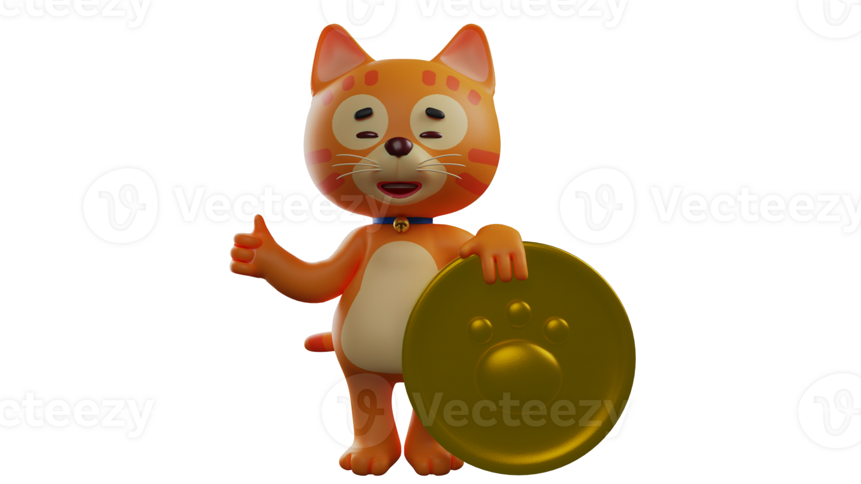 3D illustration. Rich Cat 3D Cartoon Character. Orange cat standing while holding gold coins. The successful cat smiled happily showing the gold coins he got. 3D cartoon character png