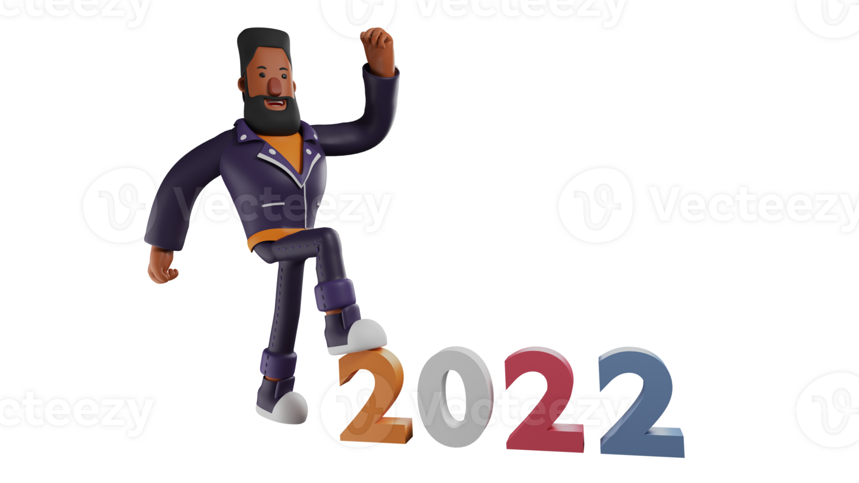 3D illustration. Lively Man 3D Cartoon Character. An attractive man in a walking pose on the number 2022. Man who is excited to welcome the new year which will soon be celebrated. 3D cartoon character png