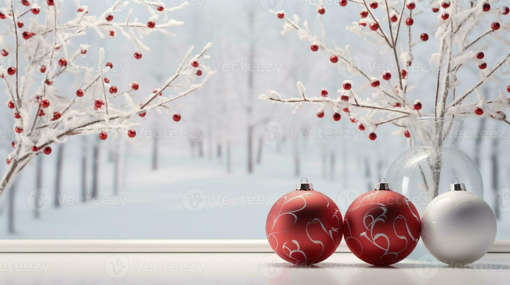 Winterberry frozen branches, xmas balls on windowsill ai generated banner background copy space photo