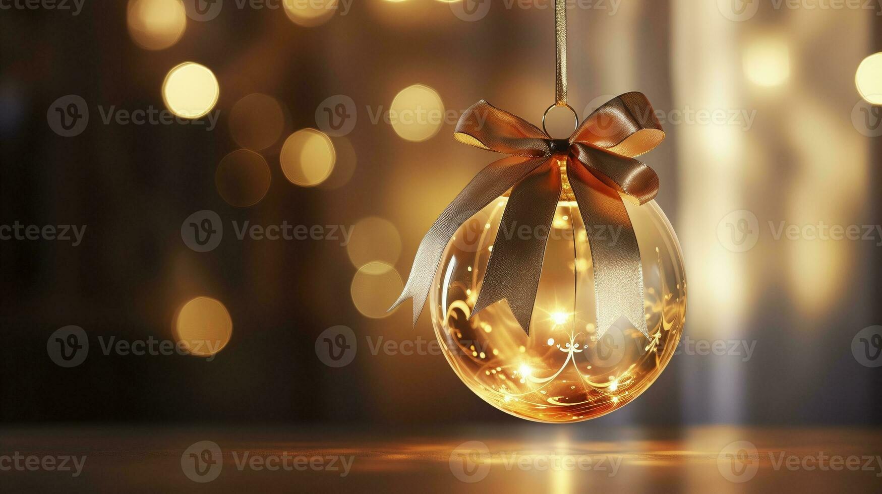 Shining bauble with ribbon ai generated banner background copy space photo