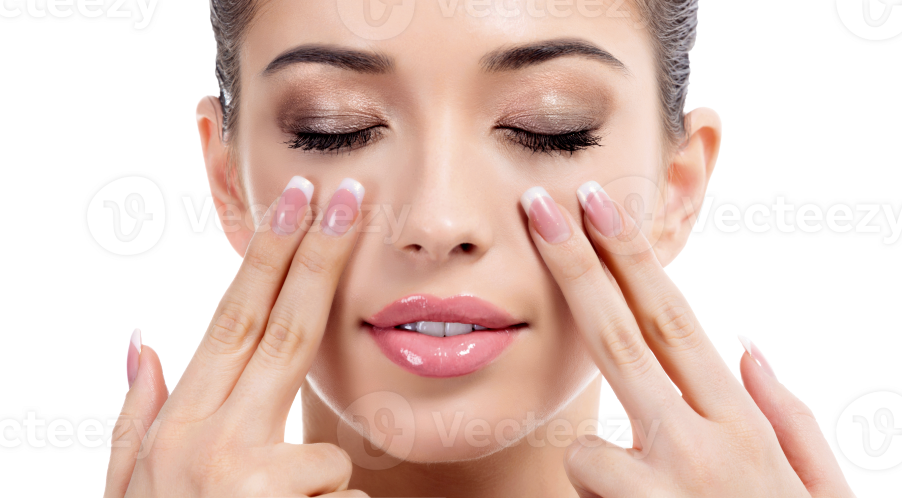 portrait of a woman massaging her face with her fingers png