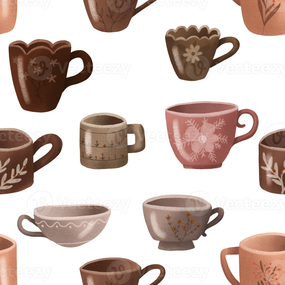 seamless pattern with brown ceramic cups. Tea and coffee cups, mugs. Endless design with colorful cups. Ceramic Crockery, Various Mugs on transparent background png