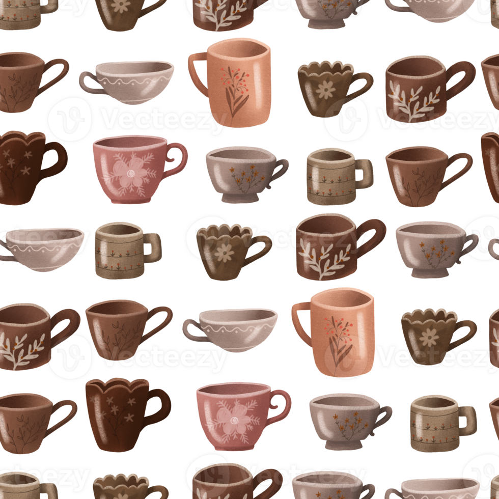 Seamless pattern with colorful cups and mugs. Coffee and tea ceramic kitchen tools. Cartoon vintage teacup pattern for english afternoon tea ceremony party on brown background png