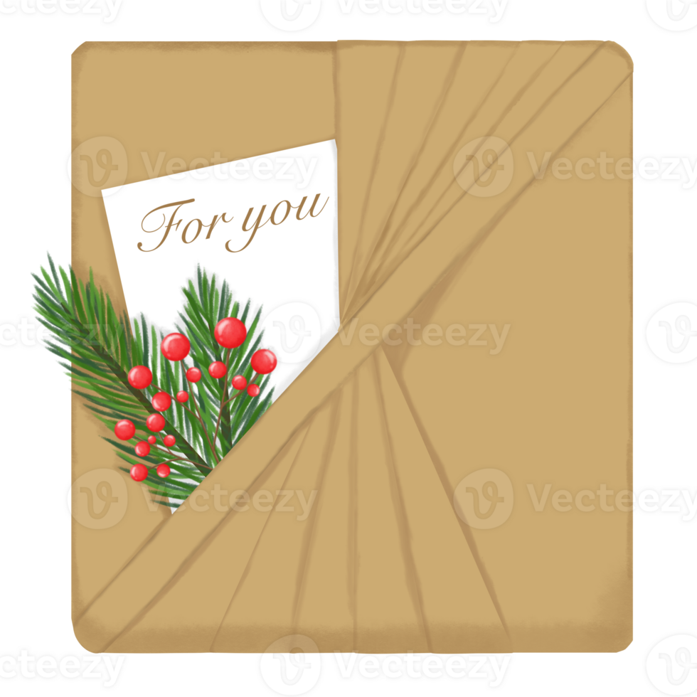 christmas gift card in brown paper with holly branch and red berries png