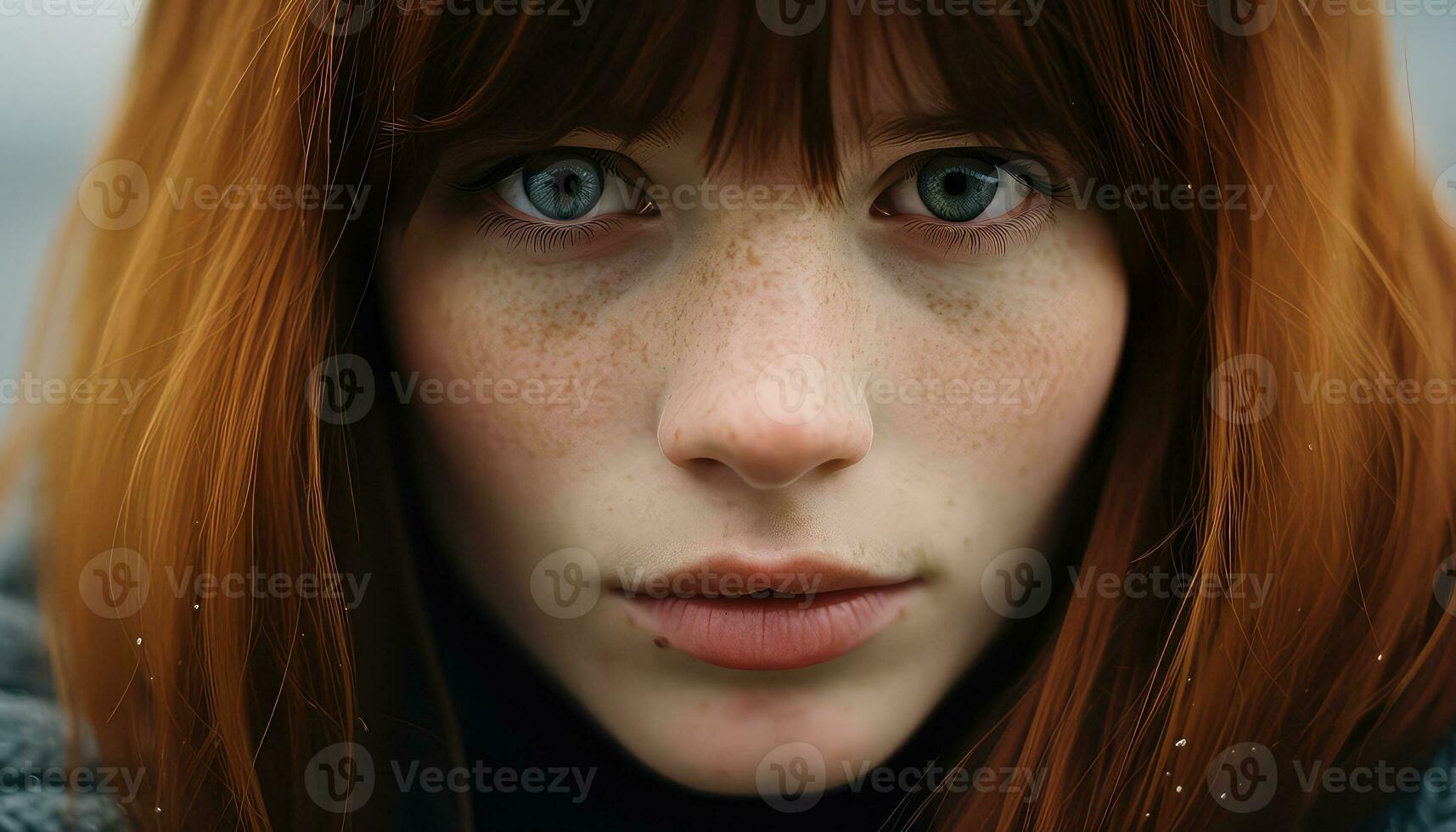 joven niña en de cerca mirar fijamente, intenso mirada ai generado foto