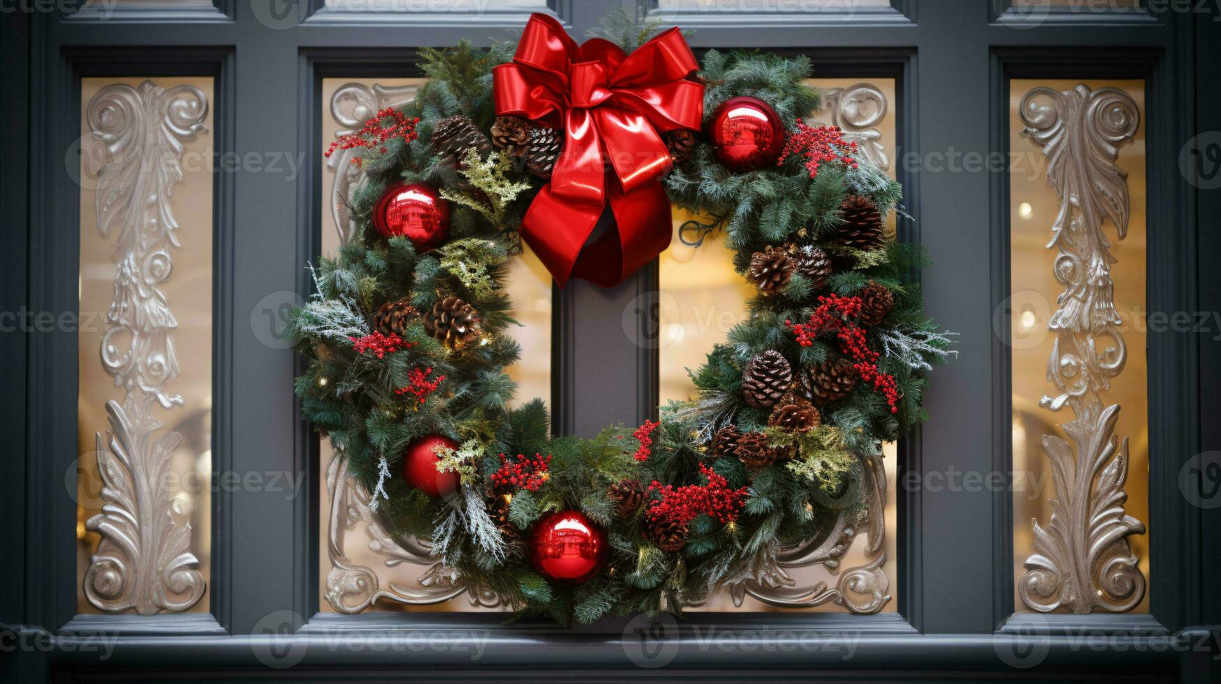 ai generative Christmas wreath with red bow and berries on the door close up photo