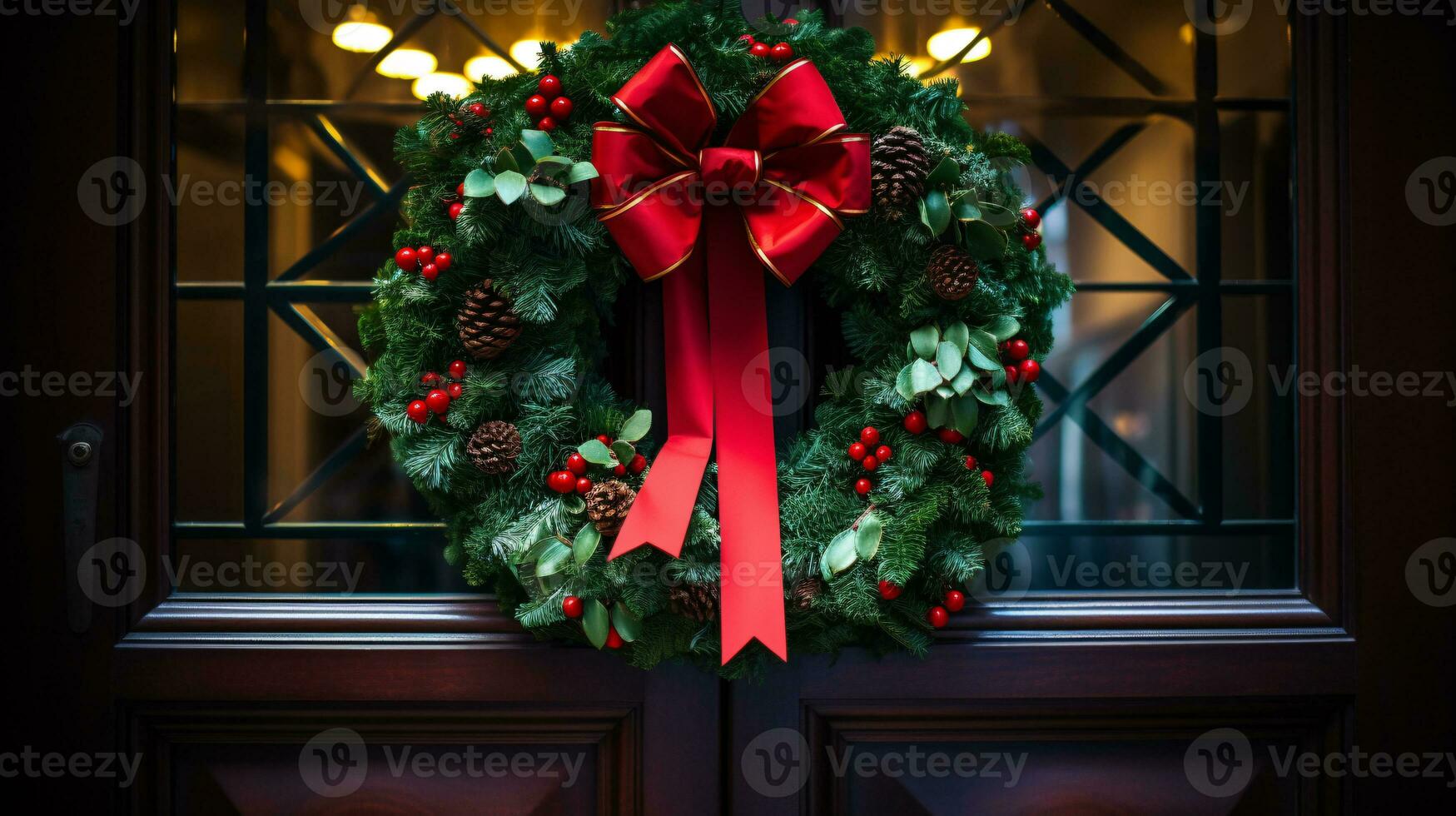 ai generative Christmas wreath with red bow and berries on the door close up photo