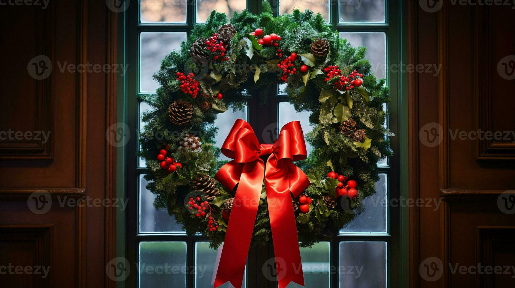 ai generative Christmas wreath with red bow and berries on the door close up photo