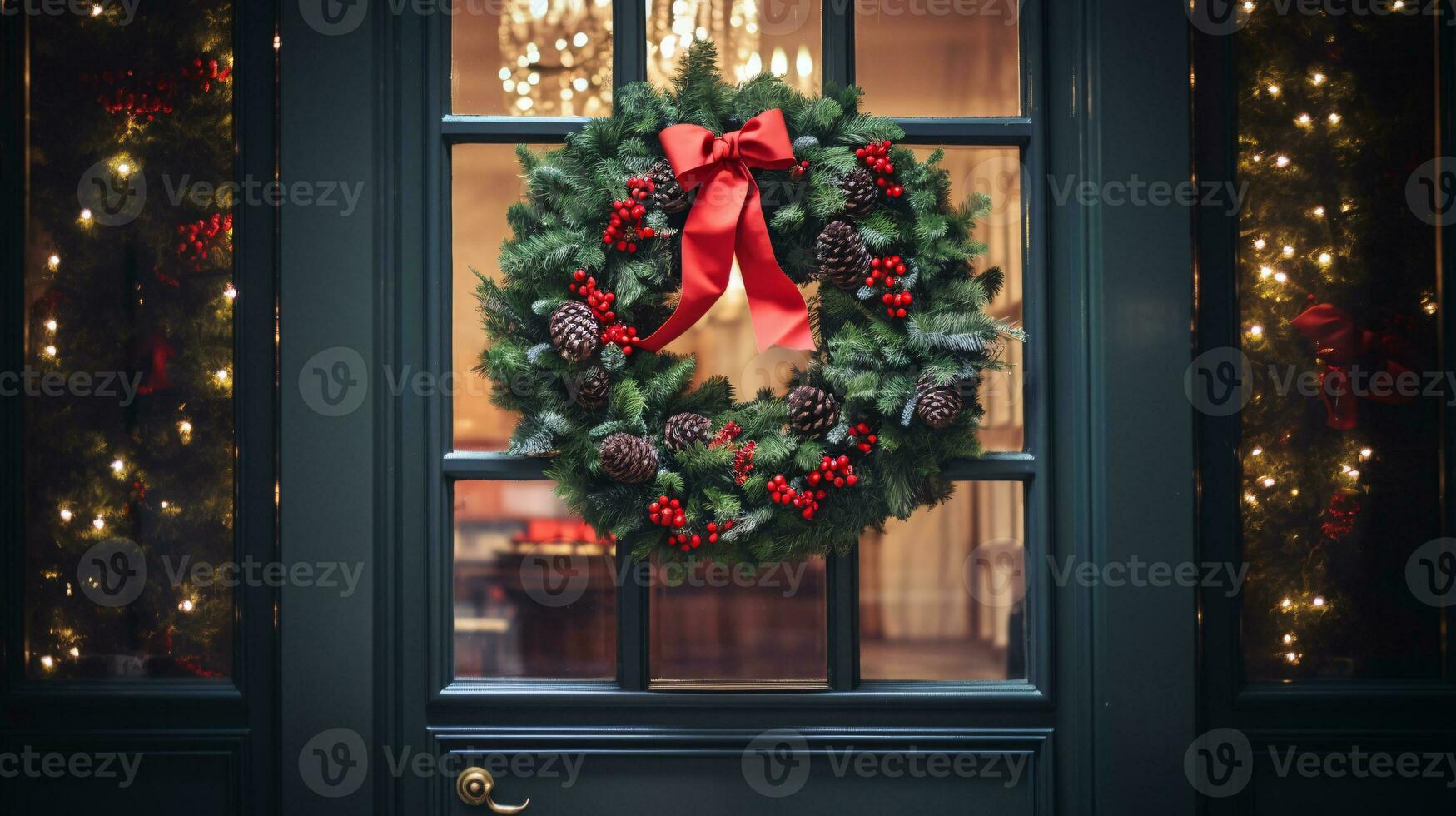 ai generative Christmas wreath with red bow and berries on the door close up photo