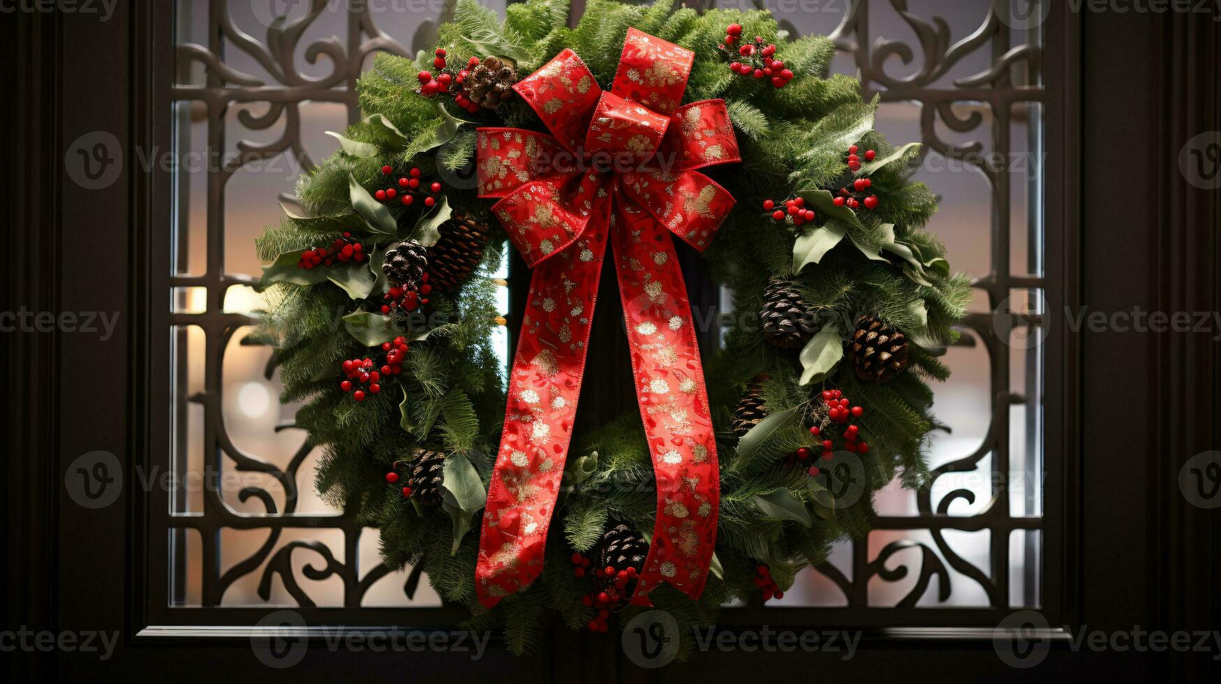 ai generative Christmas wreath with red bow and berries on the door close up photo