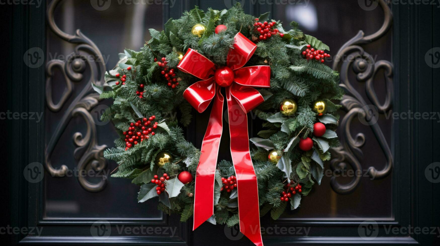 ai generative Christmas wreath with red bow and berries on the door close up photo