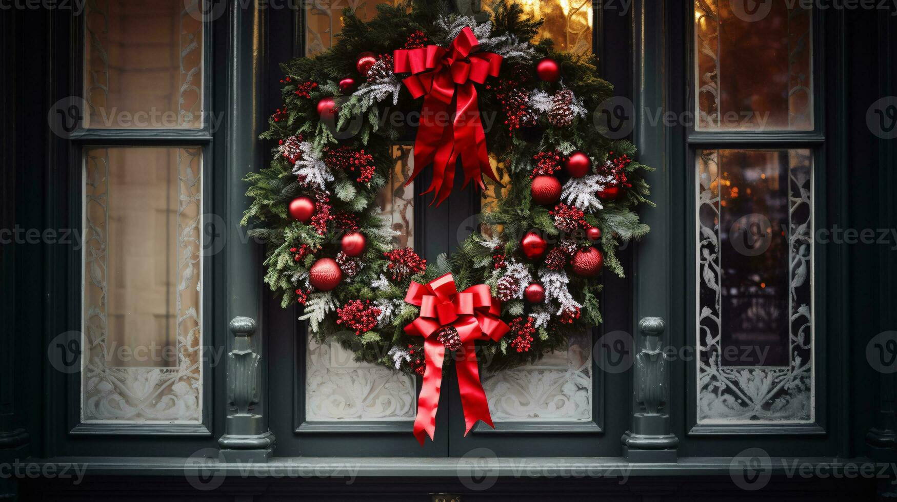 ai generative Christmas wreath with red bow and berries on the door close up photo