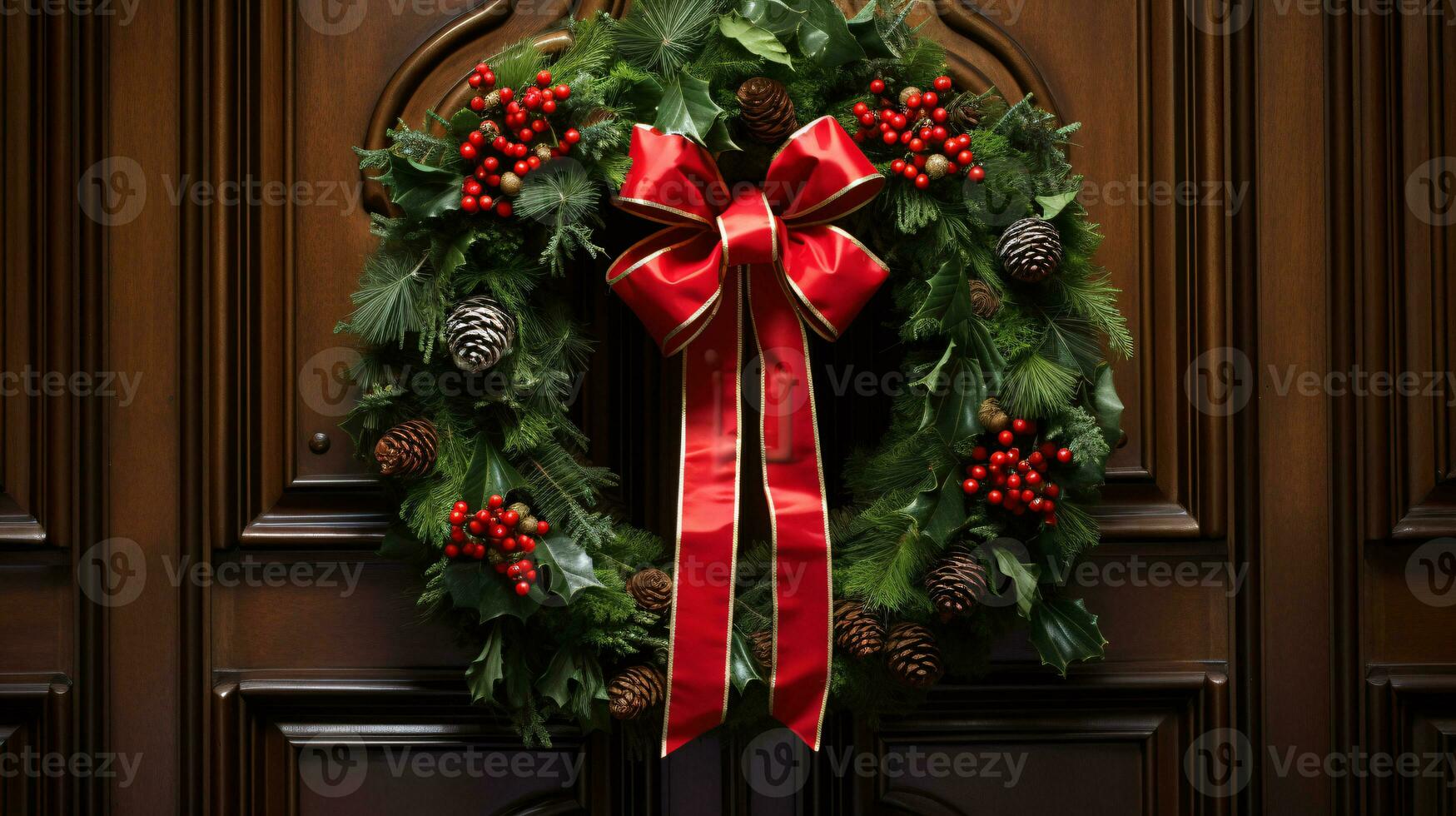 ai generative Christmas wreath with red bow and berries on the door close up photo