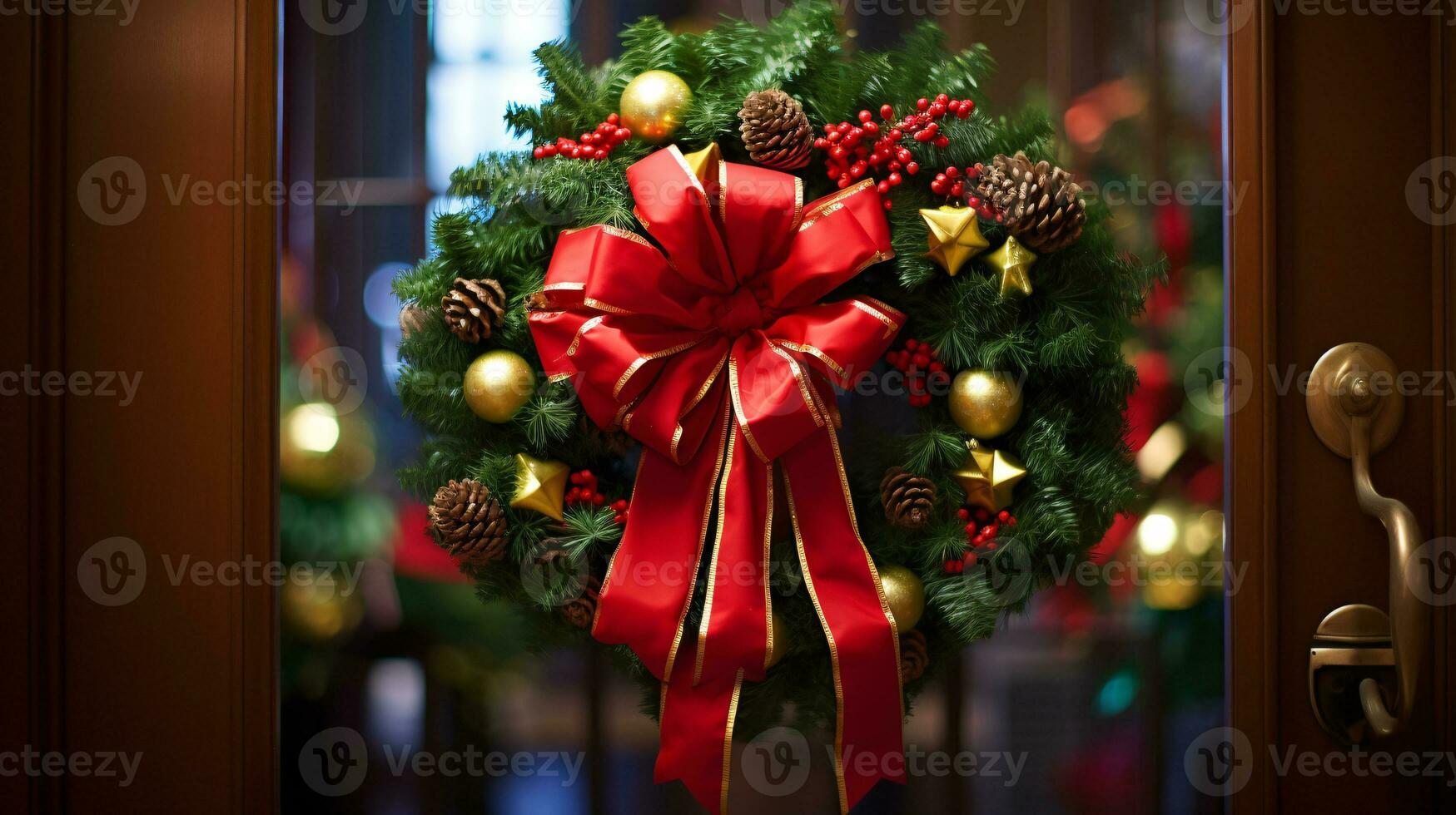 ai generative Christmas wreath with red bow and berries on the door close up photo